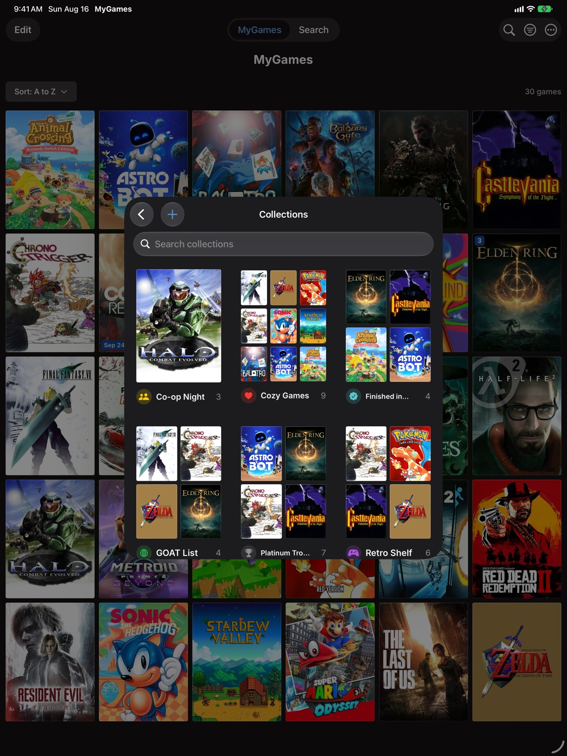 MyGames Database on iPad - Custom collections