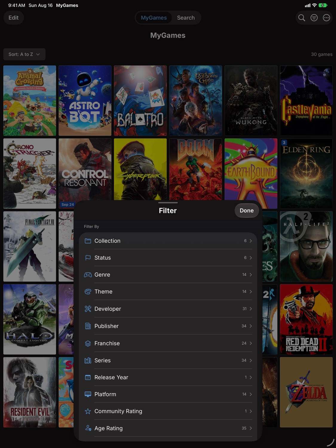 MyGames Database on iPad - Advanced filters