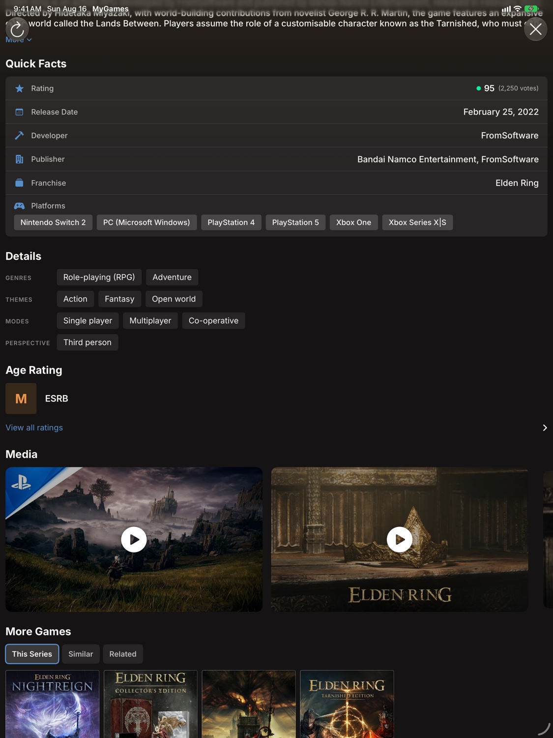 MyGames Database on iPad - Game detail page