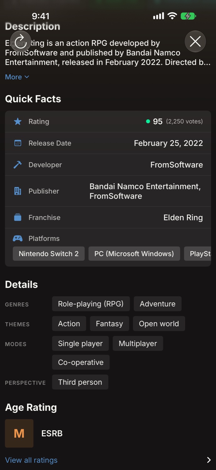 MyGames Database - Game detail page with facts, media, and related games