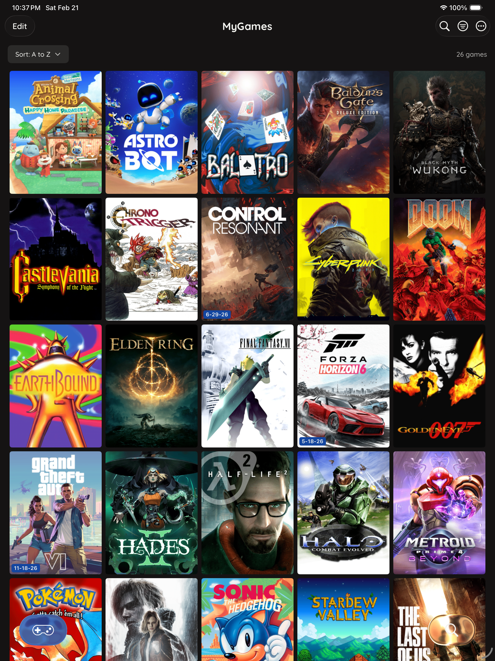 MyGames Database on iPad - Game library