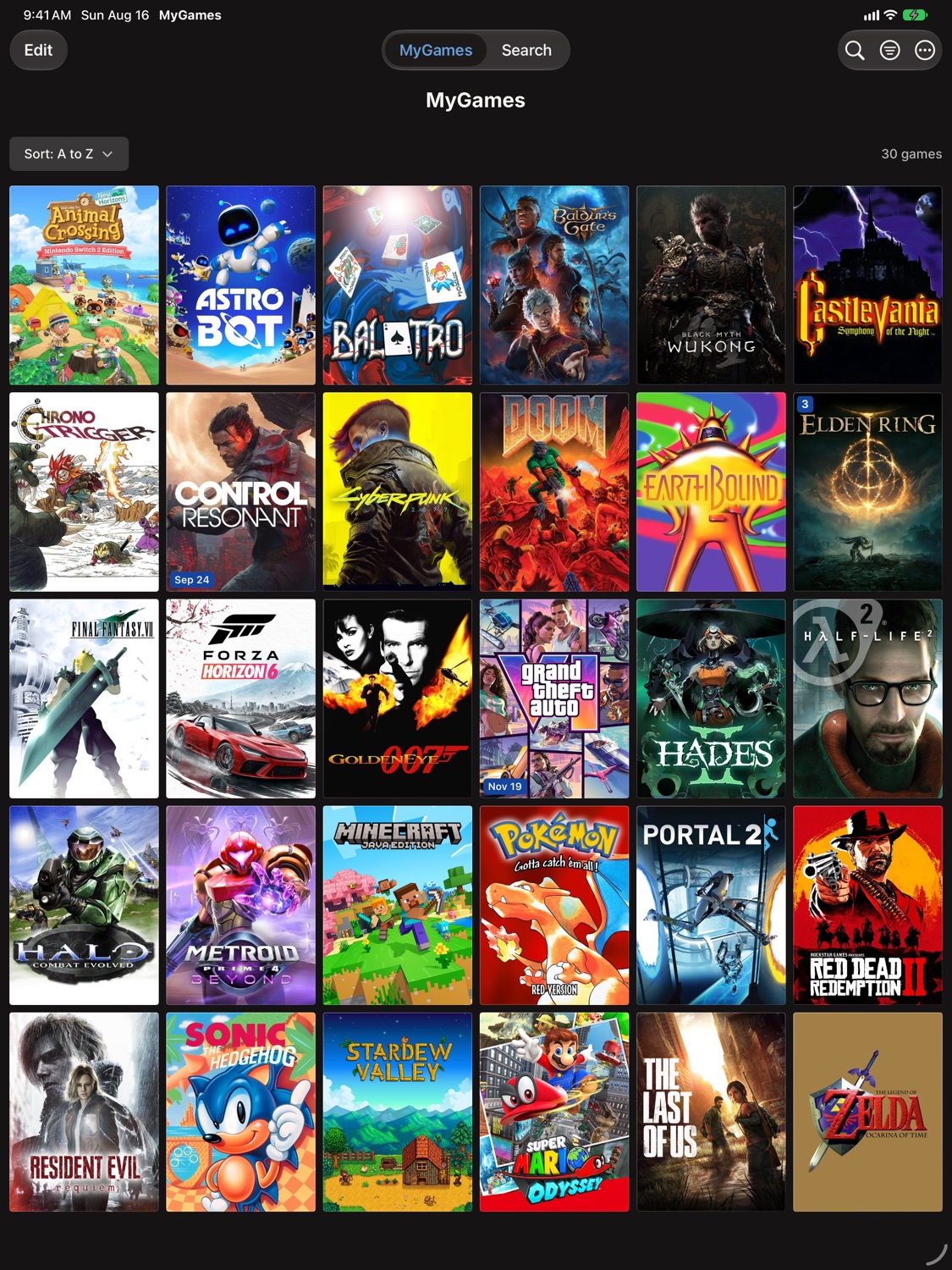 MyGames Database on iPad - Game library grid view