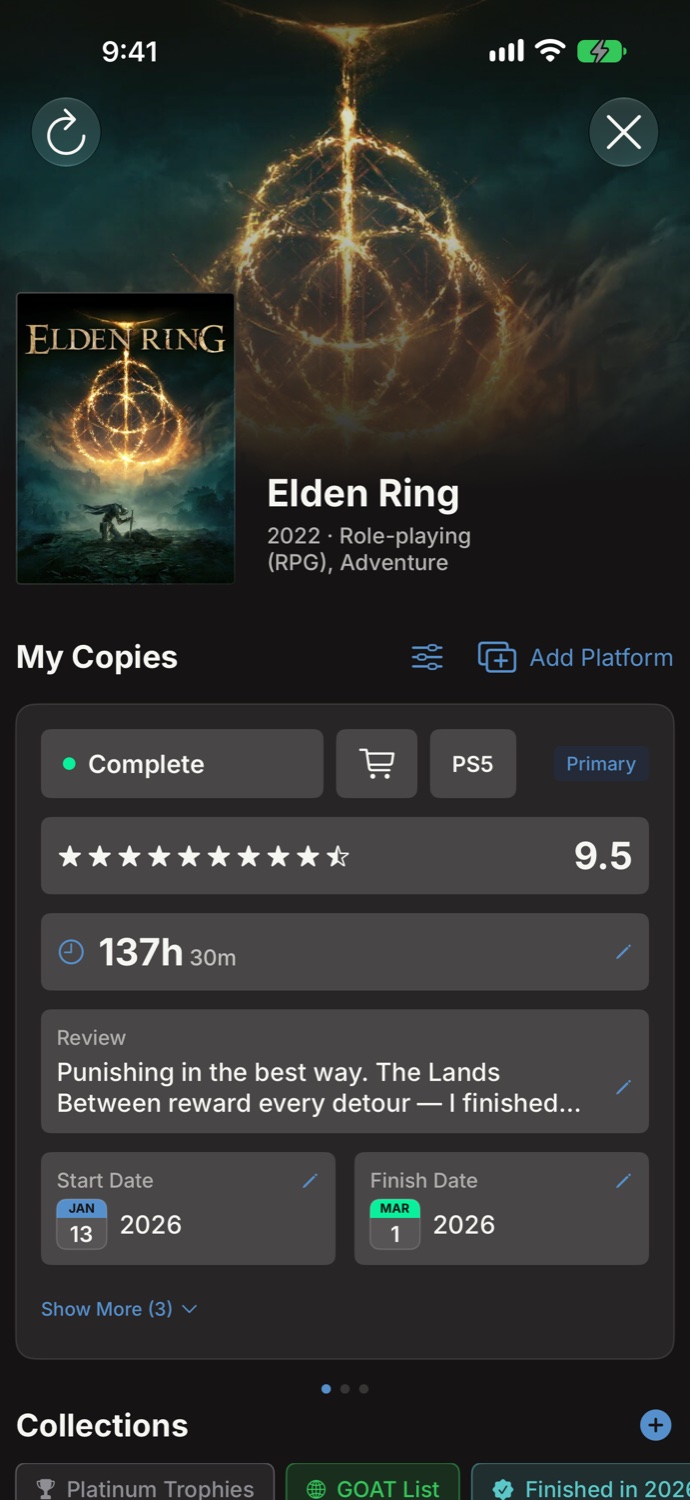 MyGames Database - One game tracked across several platforms