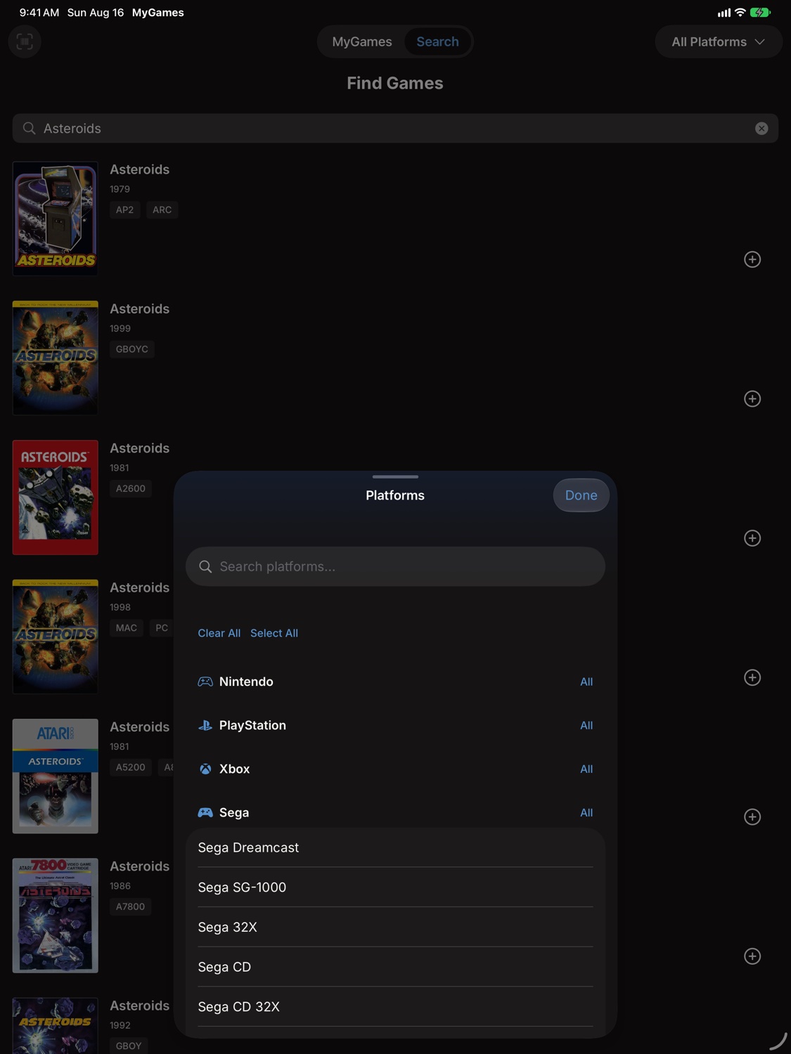 MyGames Database on iPad - Platform picker with retro and modern systems