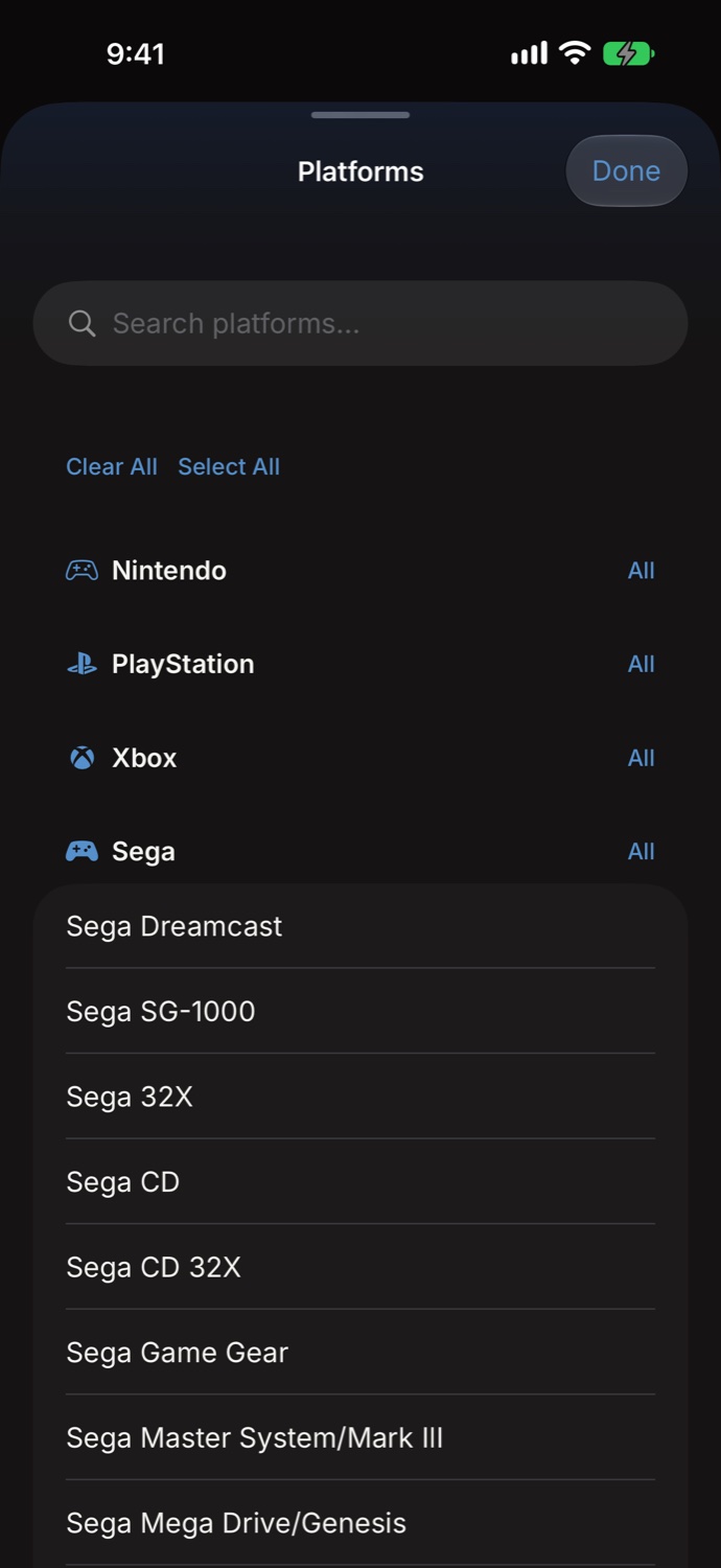 MyGames Database - Platform picker with retro and modern systems