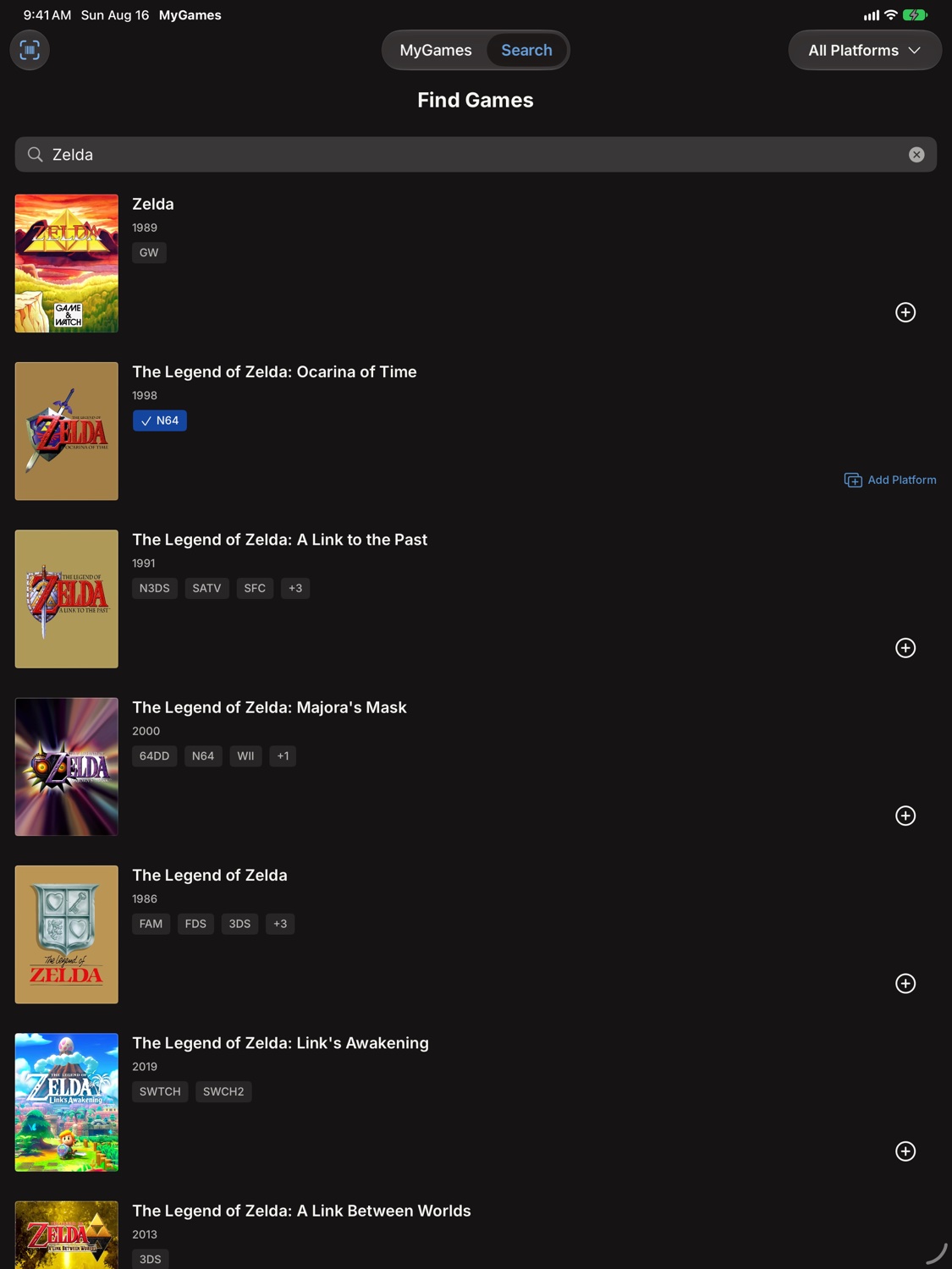 MyGames Database on iPad - Searching the IGDB game database