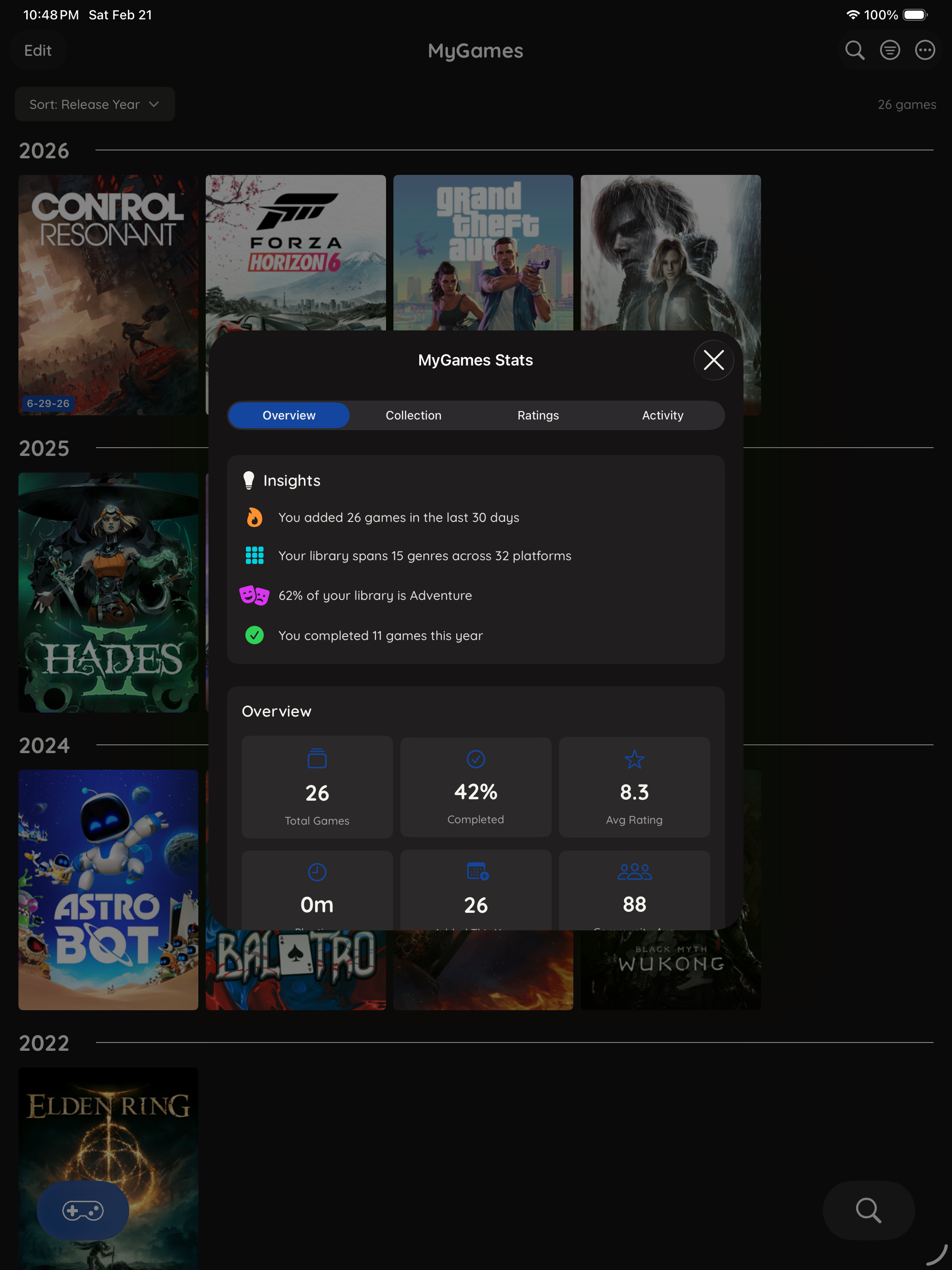 MyGames Database on iPad - Statistics dashboard