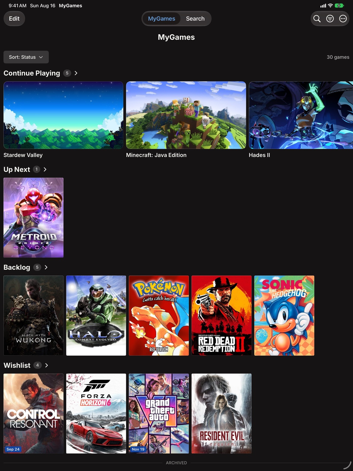 MyGames Database on iPad - Library grouped by play status