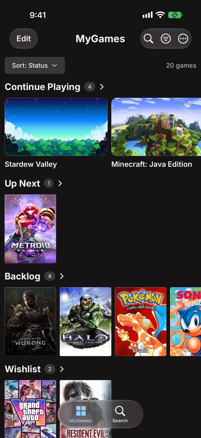MyGames Database - Library grouped by play status