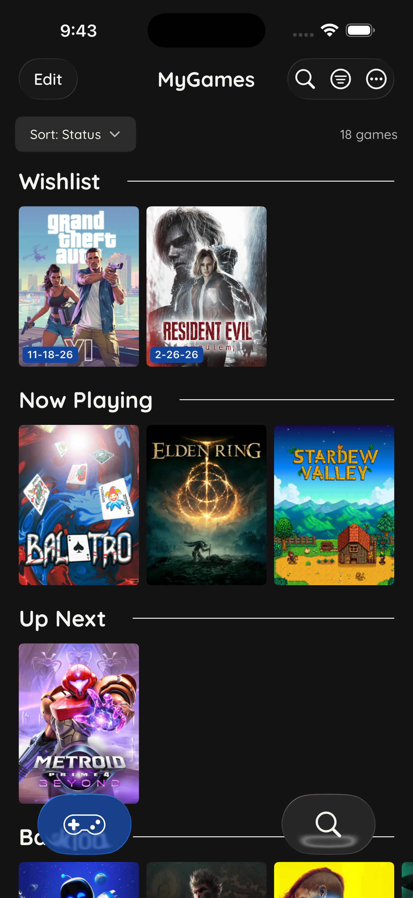 MyGames Database - Games sorted by status