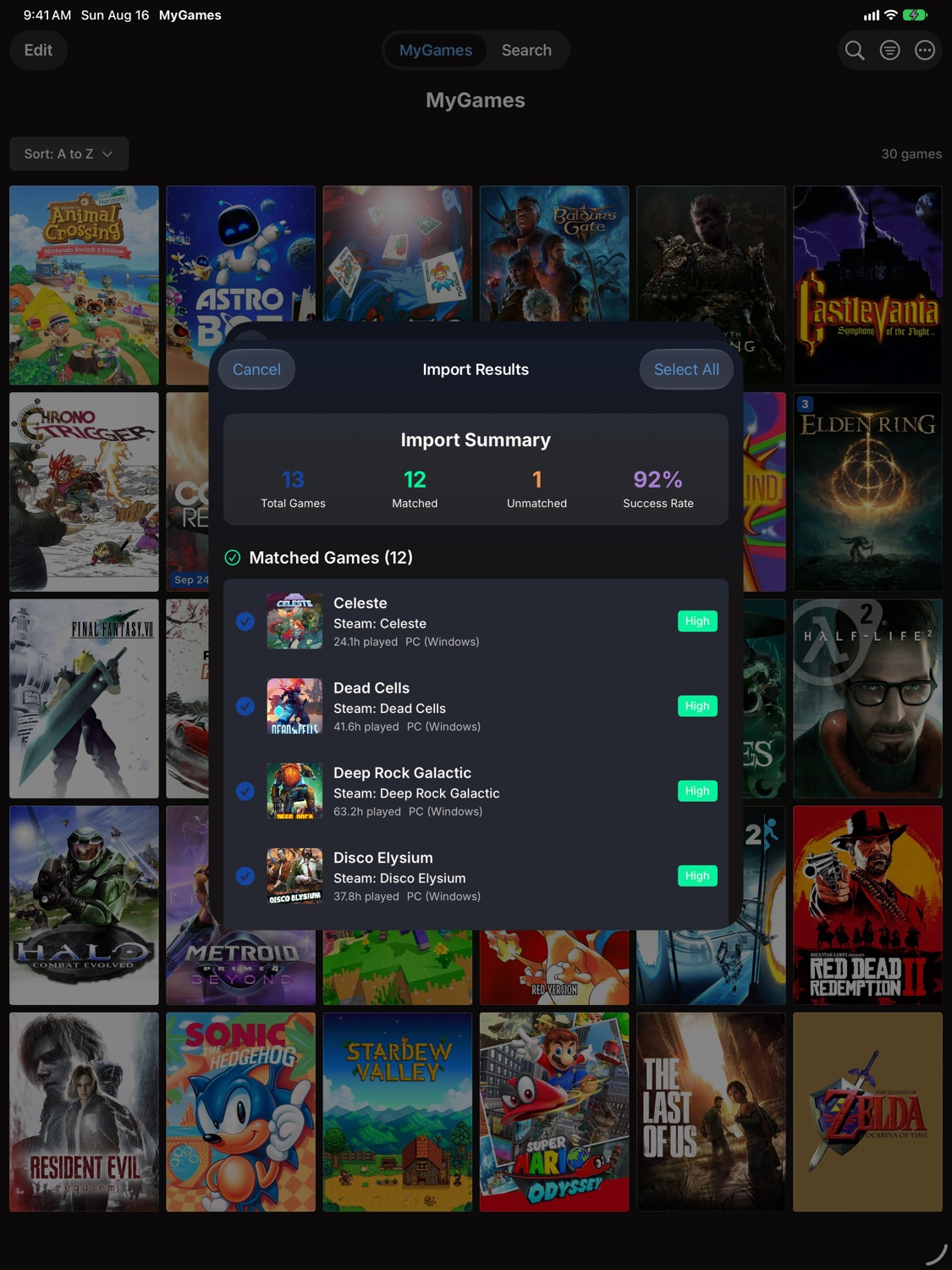 MyGames Database on iPad - Steam library import results