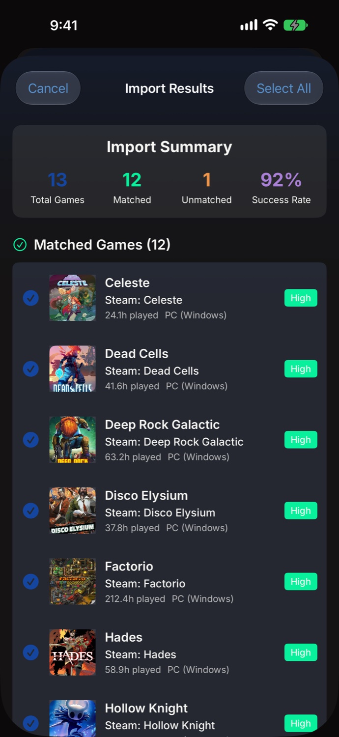 MyGames Database - Steam library import results